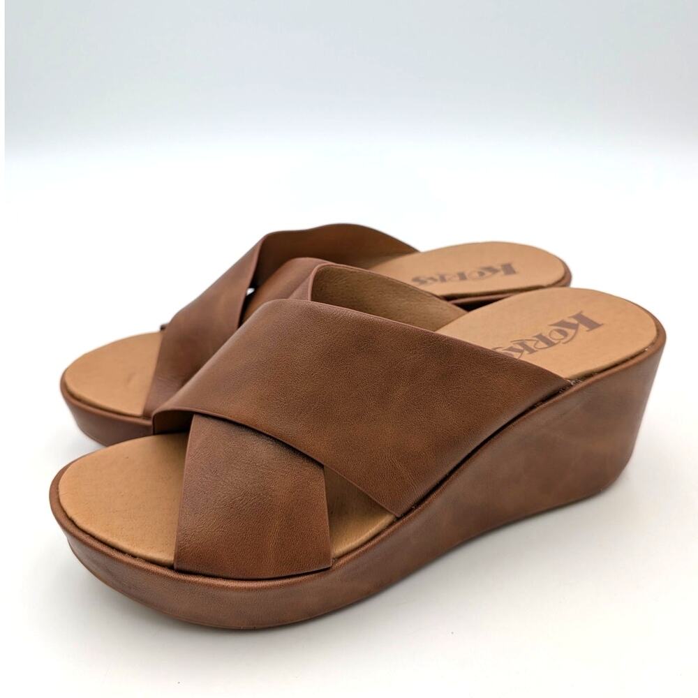 Korks Madera Leather Wedge Sandals Crisscross Strap Women's Brown Size US7M EU38
